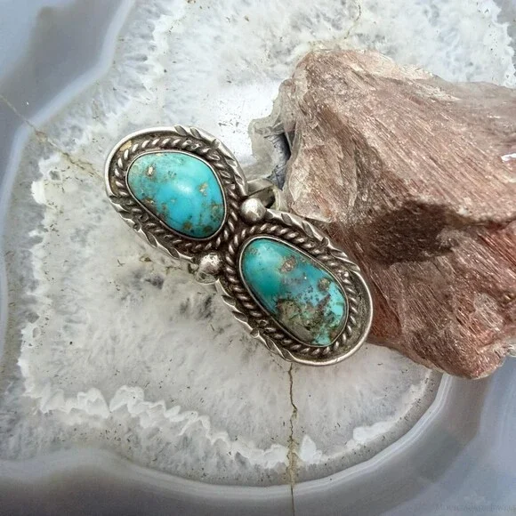 Vintage Silver Native American 2 Turquoise Split Shank Ring Size 7 For Women - Picture 2 of 10